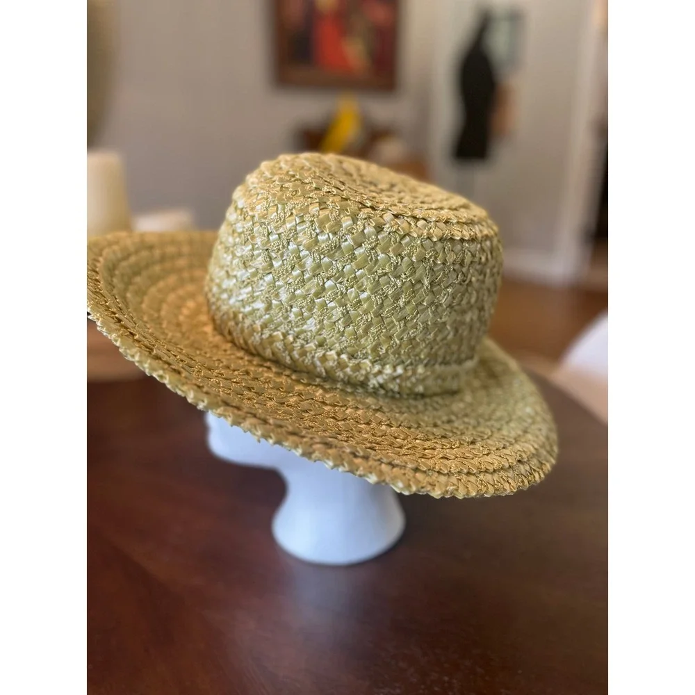Adolfo II Sun Hat Womens OS Green Excellent Vintage Woven Straw Bow Charm Box